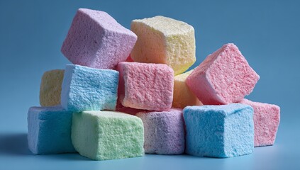 Close-up of colorful marshmallows on blue background, pile of pastel candy sugar cubes in soft focus, sweet dessert concept