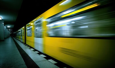 Fototapeta premium Fast yellow subway train streaks through dark station
