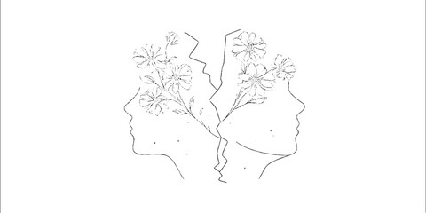 Abstract minimalist line art of floral infused human profiles for aesthetic and tattoo design