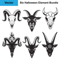 Halloween Demon Goat Head Silhouette Bundle Six Vector Elements