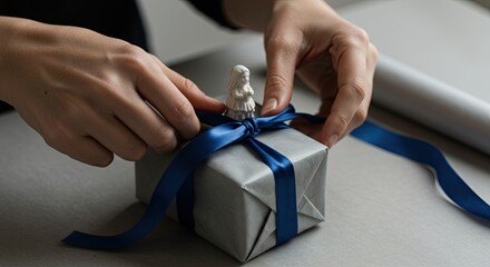 Hands Tying Blue Ribbon on Silver Gift Box with Small Figurine