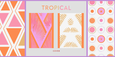 Collection of tropical themed patterns and designs with geometric shapes and palm leaves in pastel colors
