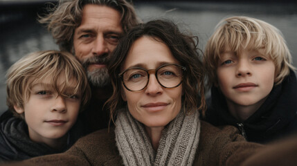 Obraz premium Warm family selfie captures genuine joy and connection on a cool day