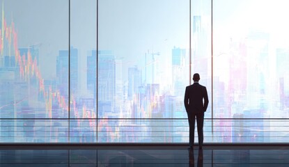 A businessman stands contemplatively at a large window, overlooking a cityscape overlaid with financial data