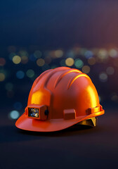 Orange Hard Hat With Headlamp On Dark Surface safety