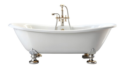 Elegant white clawfoot bathtub with silver faucet on transparent background