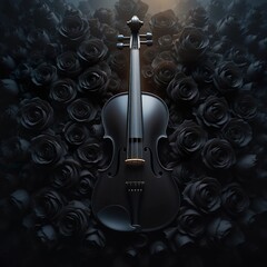 Dark Black Violin on a Mysterious Monochrome Rose Background