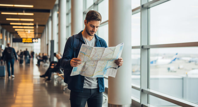 Man reading map in airport terminal - Powered by Adobe