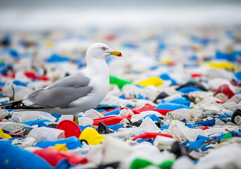 Seagull standing amidst plastic pollution on a beach