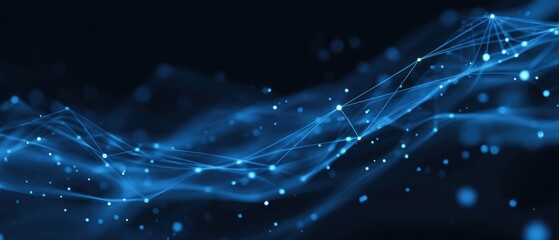 Abstract network of glowing blue particles and lines on dark background.  Dynamic digital wave patterns