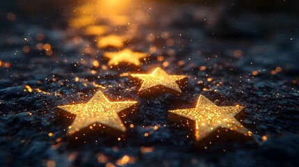 Glowing golden stars ascend from a textured surface symbolizing progress success and dreams