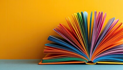 Open book with colorful pages against a vibrant yellow background