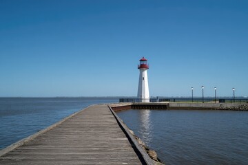 Wide shot of a lighthouse on a pier extending into a calm body of water under a clear blue sky