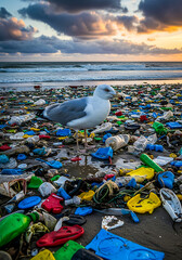 Seagull amidst plastic pollution on a beach bird sand