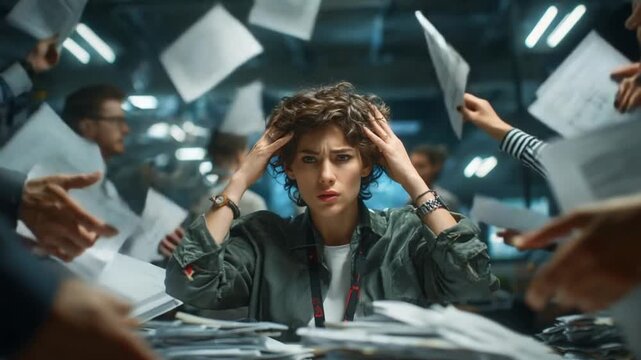 Knowledge worker under pressure in tech workspace reflects on workplace burnout with blue ambient lighting ideal for wellness campaigns Video 4K UHD 60fps