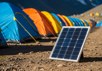 Solar Panel in Front of Tents image photo