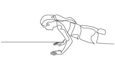 Continuous line drawing of sporty woman push up work out. Single line art of gym fitness and healthy life style. Vector illustration