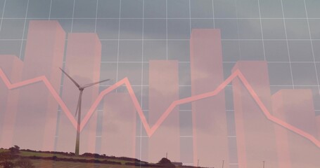 Standing wind turbine on hillside with shrubs, grid overlay showing bars and red line, copy space