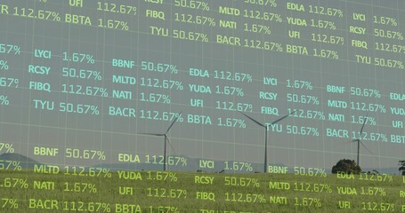 Overlaying digital stock tickers and percent values across three wind turbines on grassy hillside