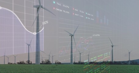 Displaying white wind turbines towering over rural plain, showing stock tickers and chart overlays