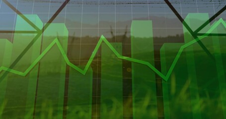 Green bar chart and line graph hovering over rural grass field and turbines, with grid lines