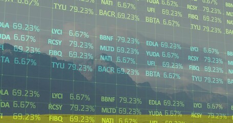 Fototapeta premium Overlaying translucent financial tickers over mountain meadow, with stock codes and percent values