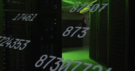 Featuring central aisle running between server racks in data center, with LEDs and numeric overlays