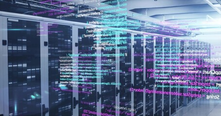 Streaming code overlays revealing LEDs on server racks in datacenter with patch cables and switches