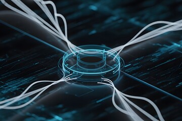 Abstract futuristic glowing circuit board with data streams and central hub