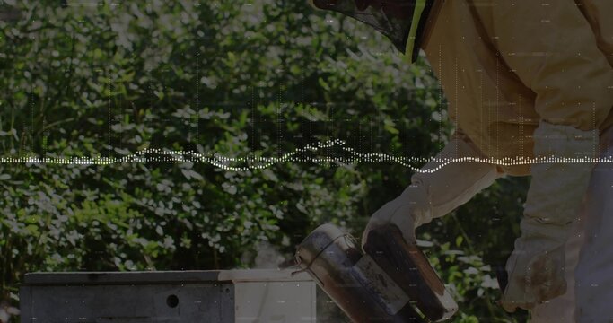 Leaning beekeeper wearing gloves using smoker releasing smoke into hive box in apiary, copy space - Powered by Adobe