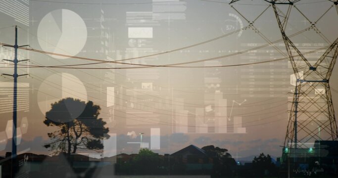 Showing steel tower spanning power lines above roofs at suburban dusk with data overlay, copy space - Powered by Adobe