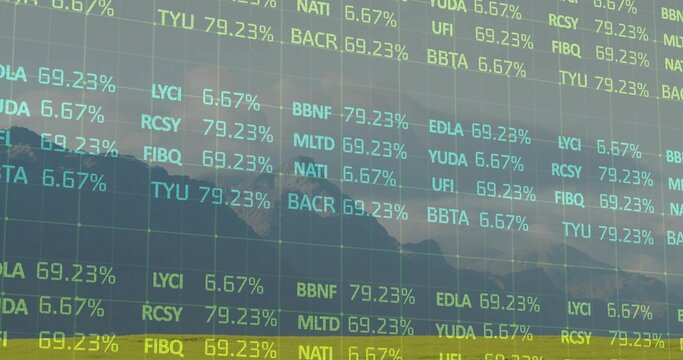 Fototapeta Overlaying translucent financial tickers over mountain meadow, with stock codes and percent values
