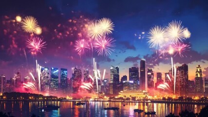 Spectacular urban fireworks display over city skyline, reflecting in water bodies - Powered by Adobe