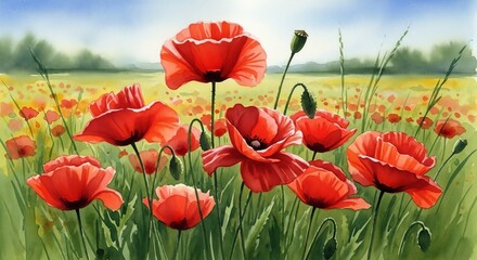 Obraz premium Watercolor painting of a field of red poppies with green grass and trees