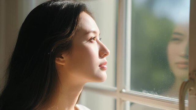 A woman gazing thoughtfully out a window, capturing a moment of reflection in soft sunlight.