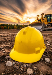 Yellow hard hat on construction site at sunset Keywords: hard hat, yellow, construction, site