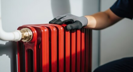 Man touching radiator red. Radiator red is an essential component for home heating, with pipe, valve, and safety gloves visible.