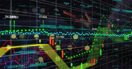 Projecting holographic candlestick chart and trendlines in trading office, with numerical labels