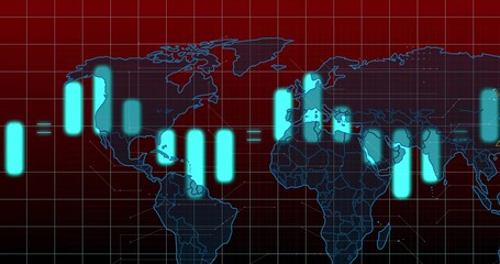 Displaying world map over red grid on digital screen, with turquoise bars and glowing equals signs