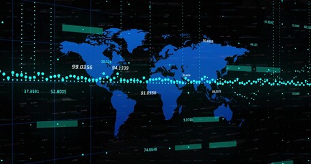 Displaying dashboard tracing turquoise data line over blue world map silhouette on digital display