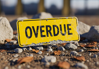 Yellow overdue sign on a rocky ground Keywords: overdue, sign, yellow, text, letters, black