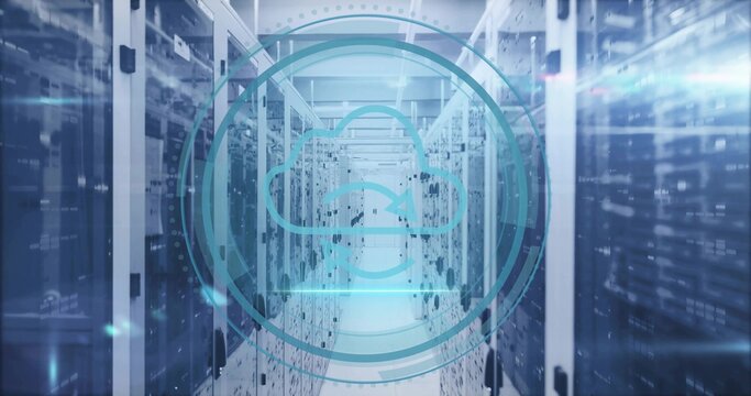 Projecting translucent teal cloud icon overlay in data center aisle, highlighting server racks