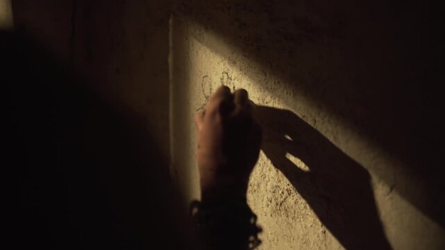 Emotional scene of a bound revolutionary in a dark cell, expressing resistance through wall writing beside a spoiled food plate, symbolizing oppression and survival
