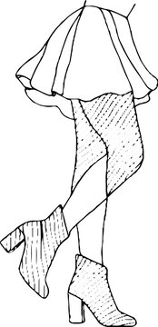 black and white fashion sketch, skirt and boots clip art preview
