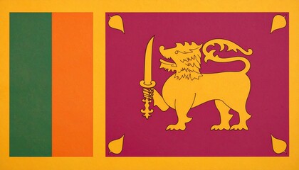 Fototapeta premium Sri Lanka national flag with maroon field featuring golden lion holding sword and four bo leaves, bordered in yellow, with vertical green and orange stripes on hoist side, symbolizing bravery, soverei