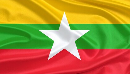 Myanmar national flag with three horizontal stripes—yellow, green, and red—from top to bottom, featuring large white five-pointed star in center, symbolizing solidarity, peace, courage, and national u