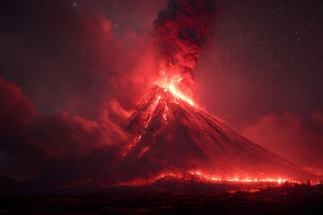 Powerful nighttime volcano eruption with bright lava flow and thick smoke under a starry sky, dramatic and intense natural event.
