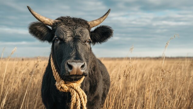 Close-up of a black cow with a rope around its neck in a golden field