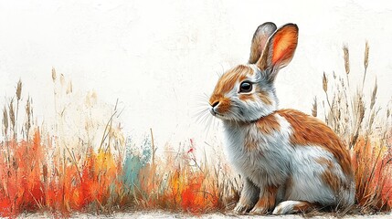 Cute and fluffy brown bunny with long ears in the wild grass