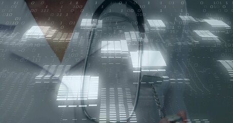 Presenting physician wearing lab coat with stethoscope in clinic, with binary code overlay